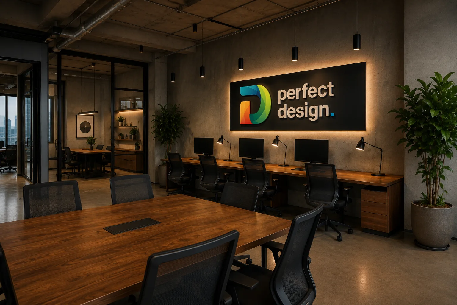 Perfect Design web design agency office with brand wall and workstations, KL Eco City