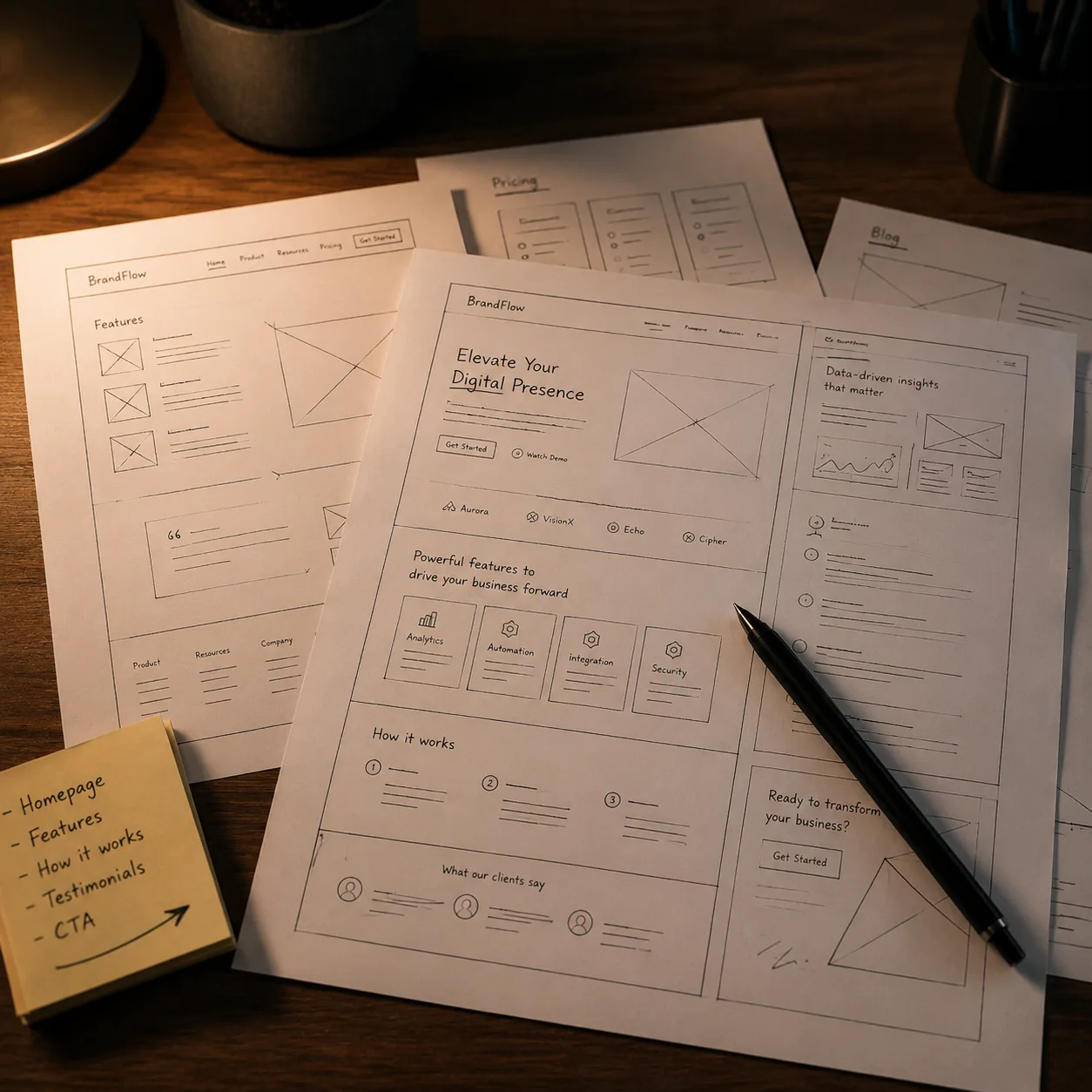 Hand-drawn website wireframe sketches — Perfect Design's planning process