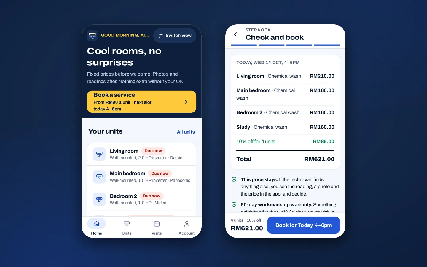 Aircon service app home screen with the customer’s units and when each is due, beside the booking total for four units, Brisa sample app
