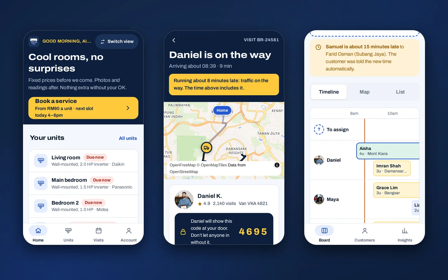 Three phone screens from an aircon service app: the customer’s home screen, the technician on the way on a live map, and the office’s timeline of the day, Brisa sample app