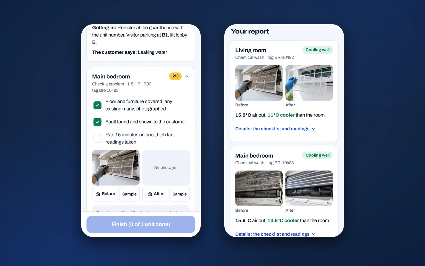 Technician’s checklist with before and after photos, beside the customer’s report with readings for each unit, Brisa sample app