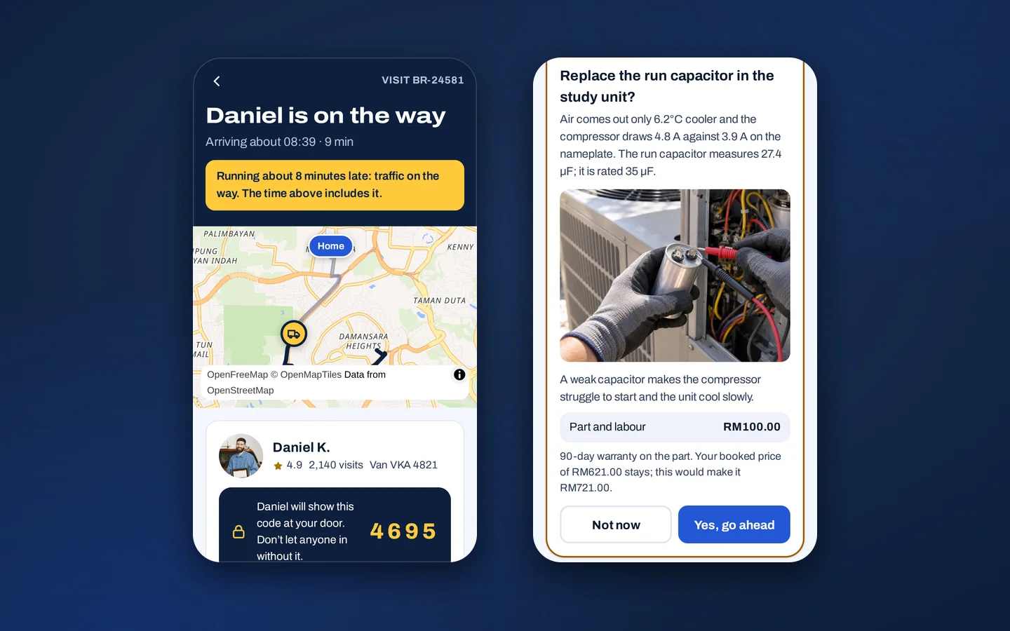 Technician on the way on a live map with a late notice and a door code, beside a request to approve a capacitor replacement with its price, Brisa sample app