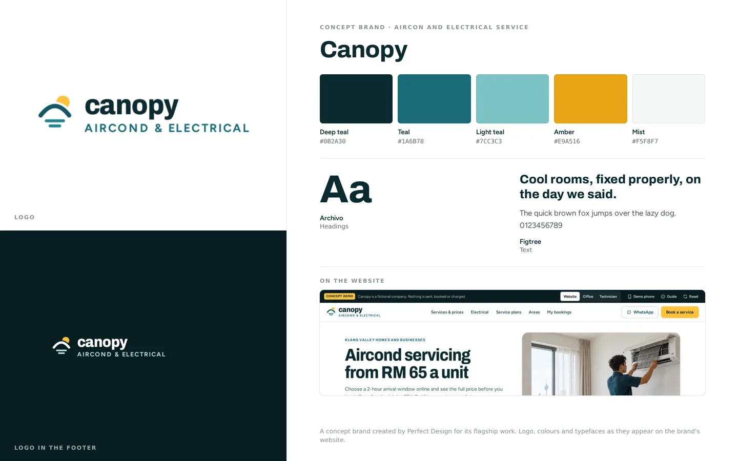 Canopy brand board: the logo on light and dark, five brand colours with their names and hex codes, the heading and text typefaces, and the brand’s website