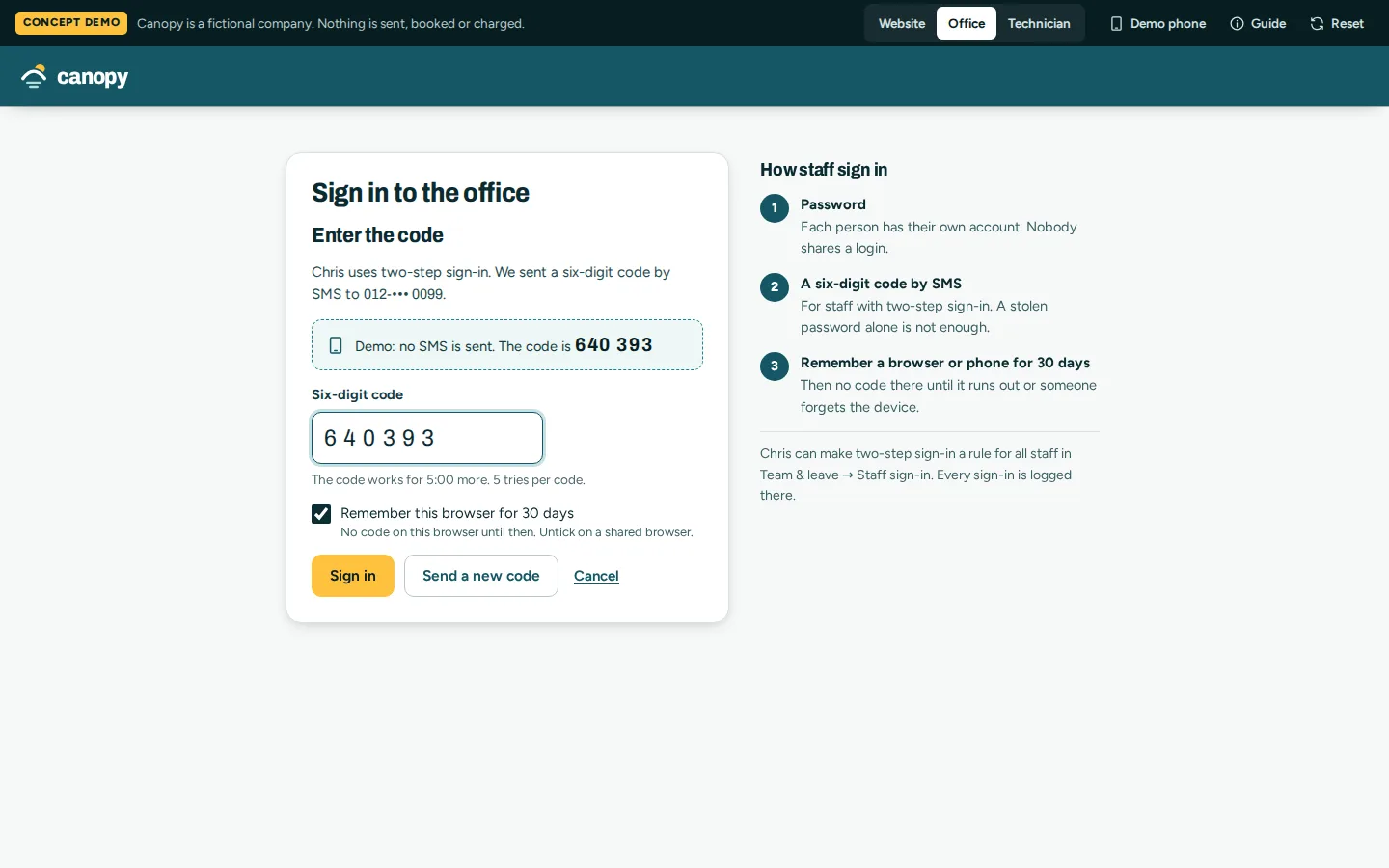 Office sign-in asking for a six-digit code, with remember this browser for 30 days and how staff sign-in works, Canopy concept prototype