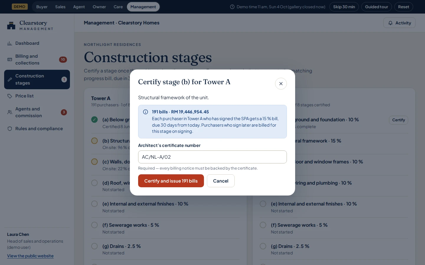 Certify a stage, bill everyone