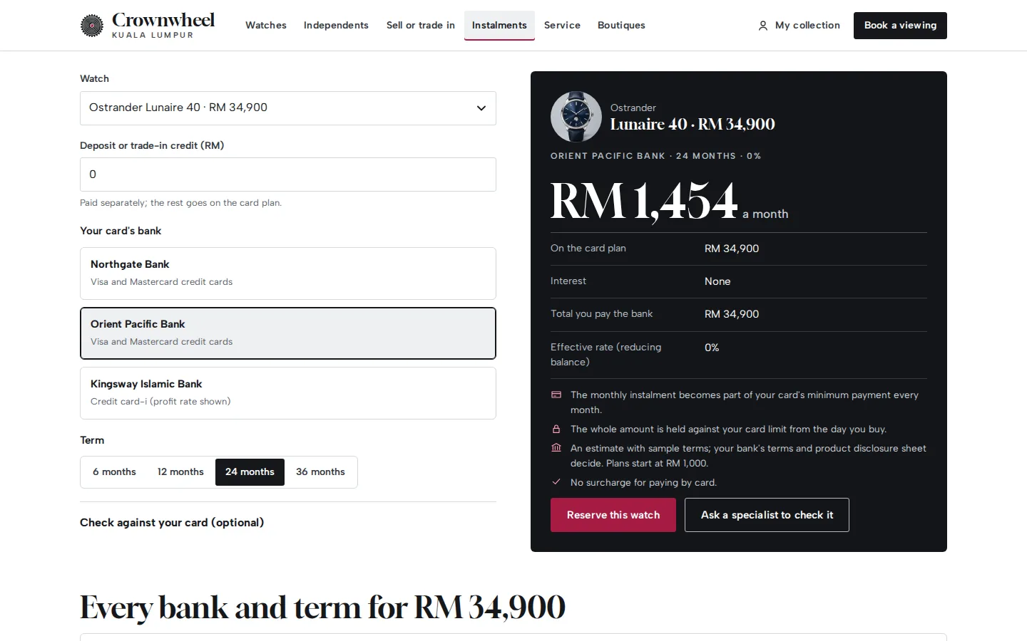Card instalment calculator with a bank and term chosen, the monthly figure, interest, total and the bank’s disclosures, Crownwheel concept prototype