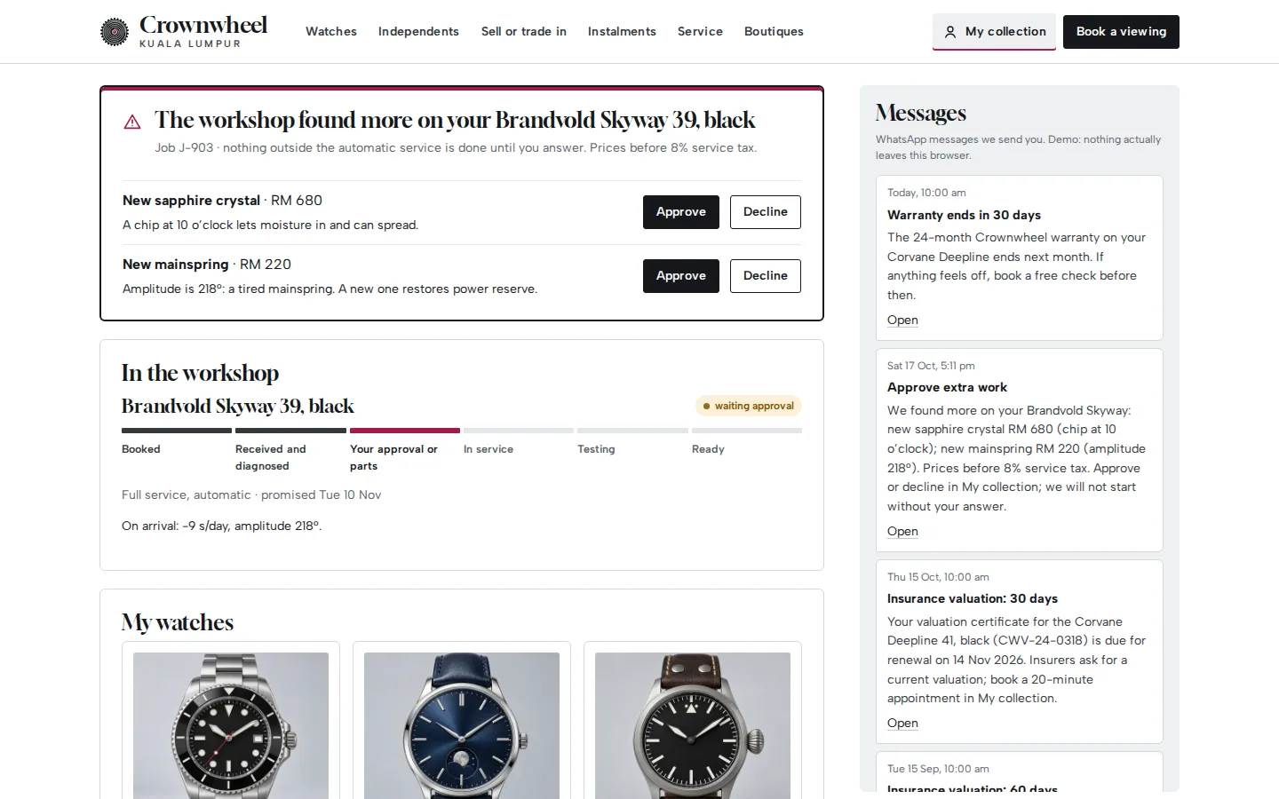 Owner portal asking the owner to approve extra work found on a watch, with the workshop tracker, the owner’s watches and scheduled messages, Crownwheel concept prototype