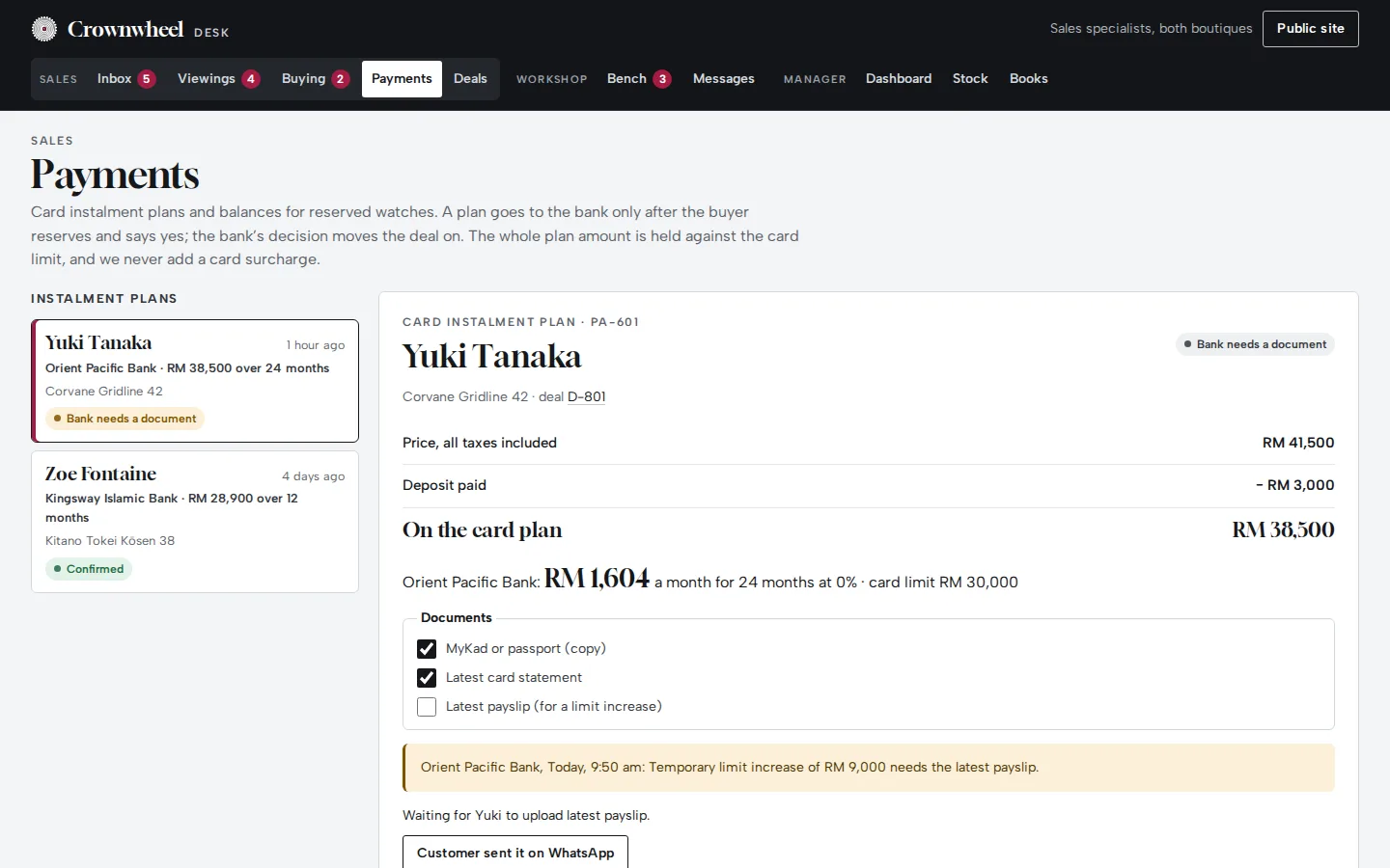 Payments desk with card instalment plans, a bank asking for a document and the buyer’s balance after the deposit, Crownwheel concept prototype