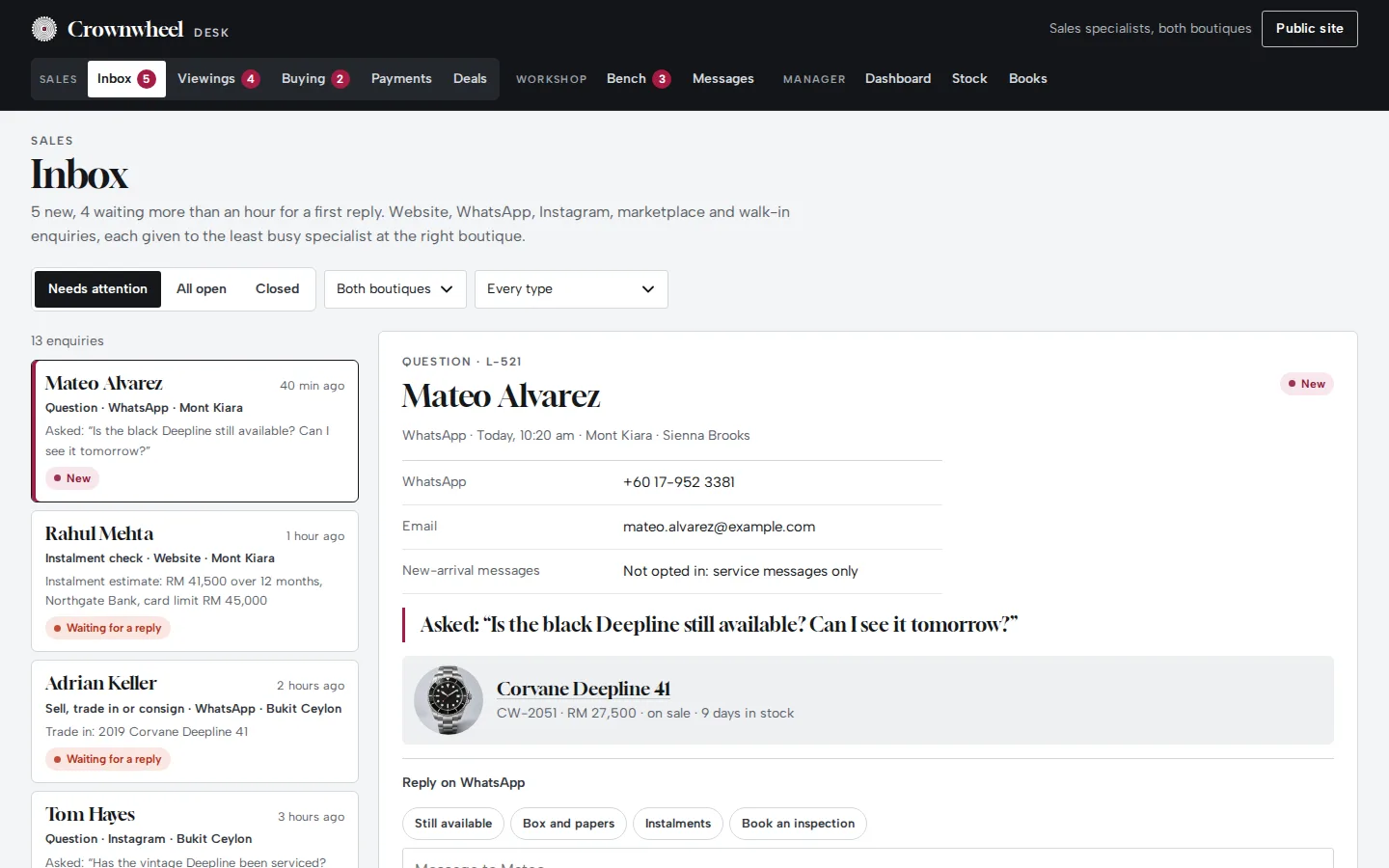 Sales inbox listing enquiries from WhatsApp, the website and Instagram by boutique, with an enquiry open and a reply panel, Crownwheel concept prototype