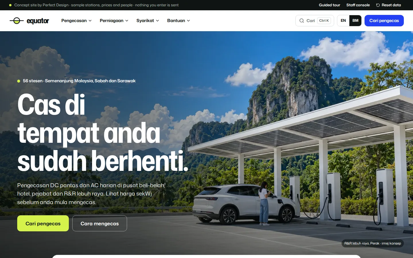 EV charging homepage in Bahasa Melayu with the menu, search and buttons in Malay and an EN and BM language switch, Equator concept prototype