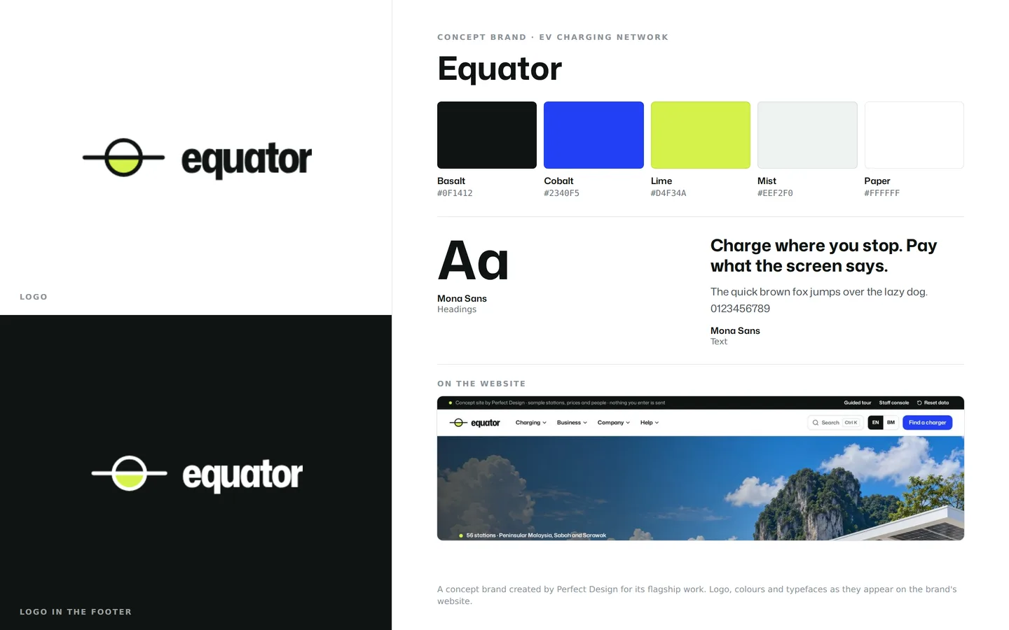 Equator brand board: the logo on light and dark, five brand colours with their names and hex codes, the heading and text typefaces, and the brand’s website