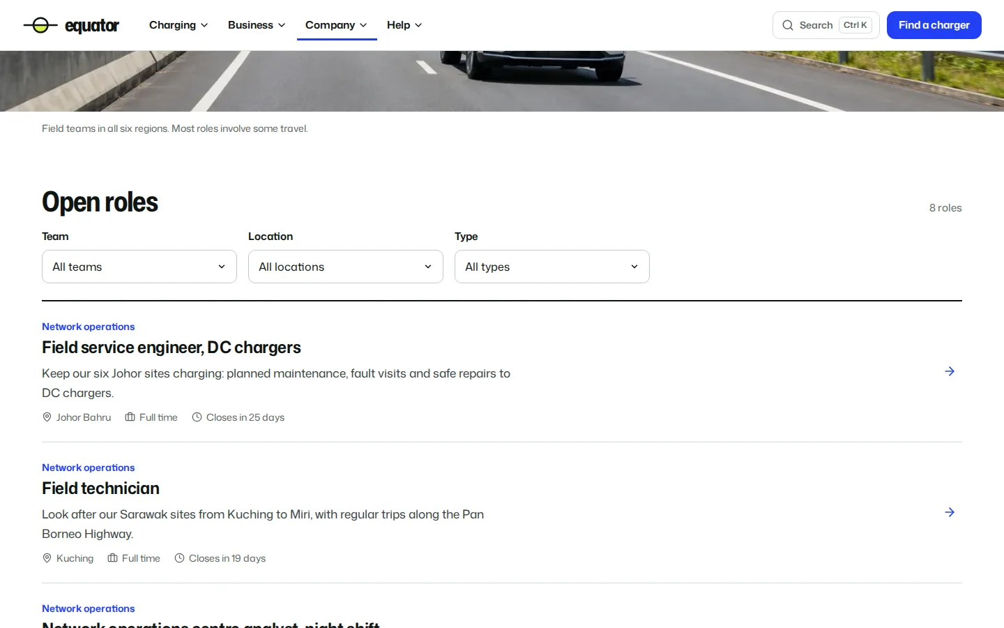 EV charging network careers page listing open roles with team, location and type filters, Equator concept prototype