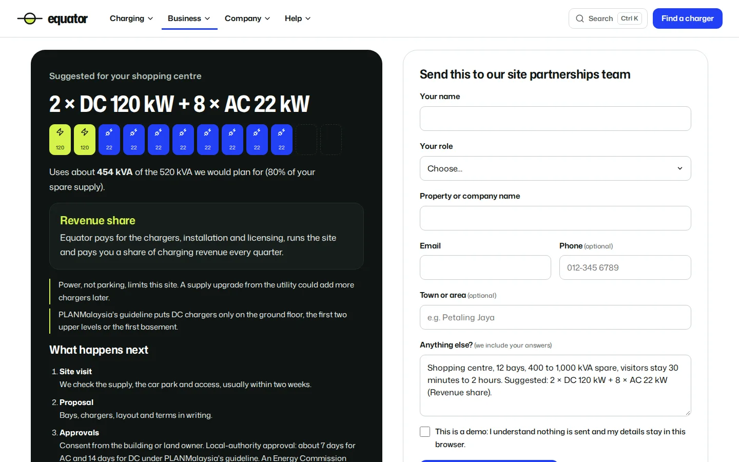 Host a charger site check suggesting a DC and AC charger mix for a shopping centre, Equator concept prototype