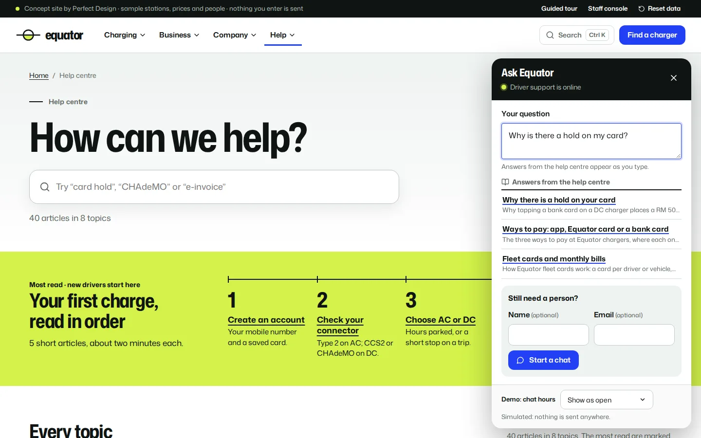 Live chat panel on the help centre suggesting help articles for a card hold question, with a start a chat form, Equator concept prototype