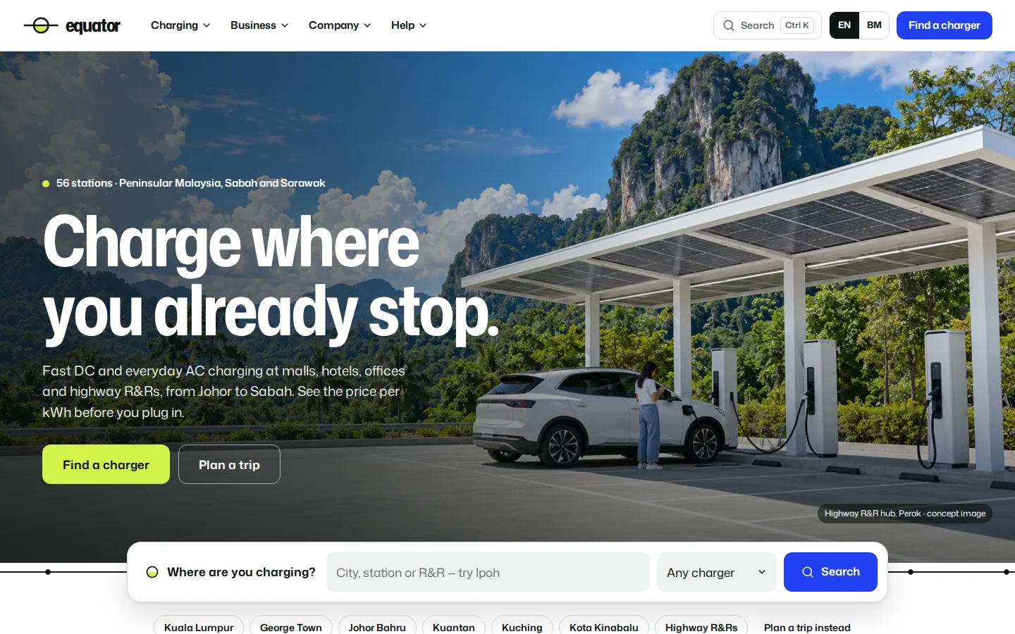 EV charging network homepage, Charge where you already stop, with a station search, Equator concept prototype