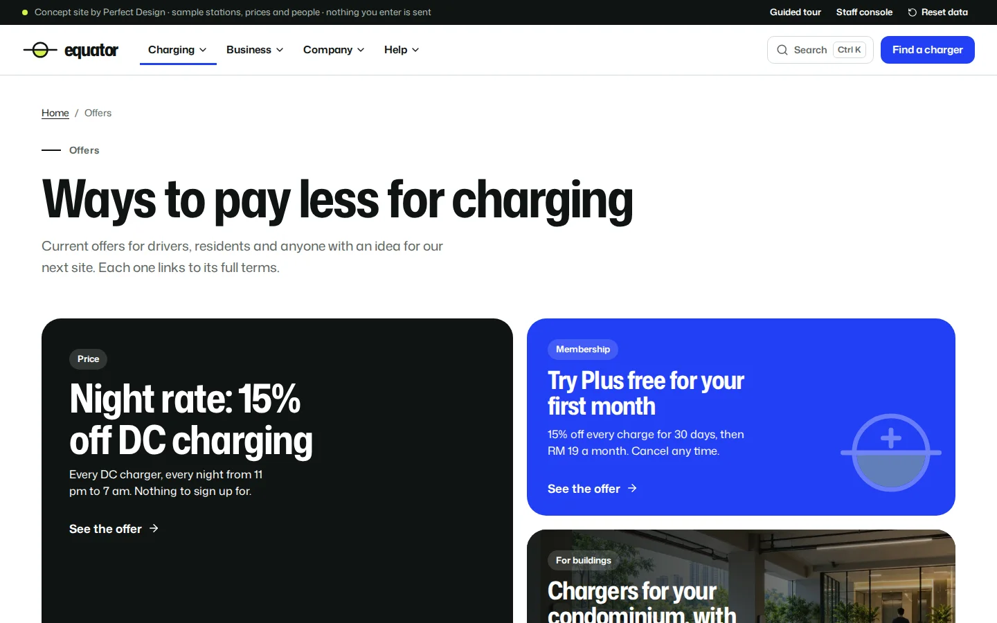 EV charging offers page with posters for a night rate and a free first month of a plan, Equator concept prototype
