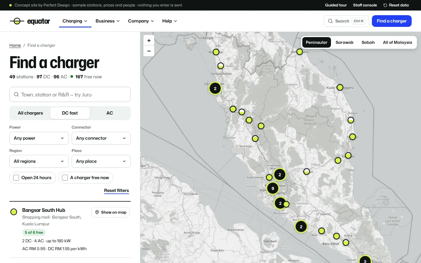 EV charger finder: station list with filters beside a map of Malaysia, from the Equator concept prototype