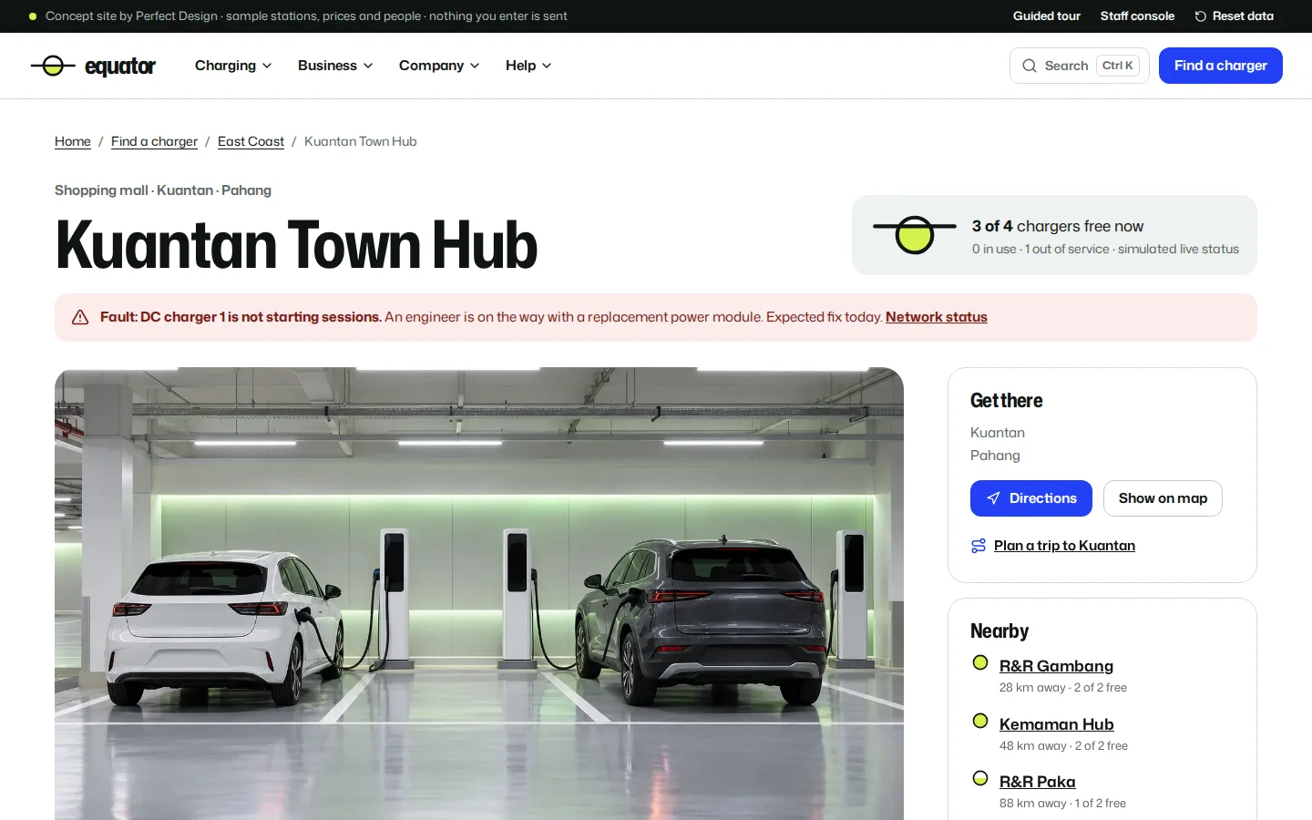 EV charging station page with charger status, a fault notice, photos and nearby stations, Equator concept prototype