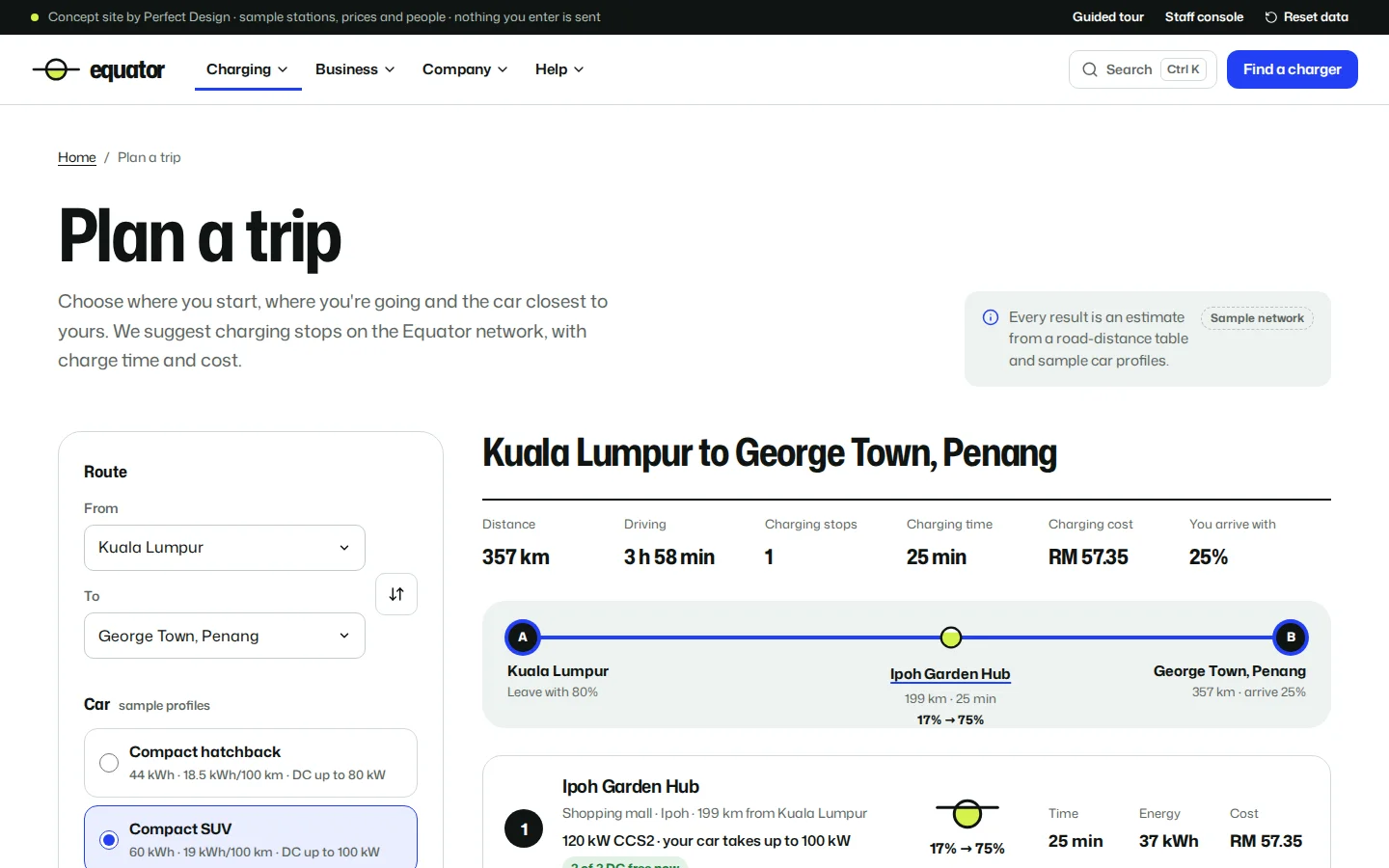 EV trip planner for Kuala Lumpur to George Town with a suggested charging stop, time and cost, Equator concept prototype
