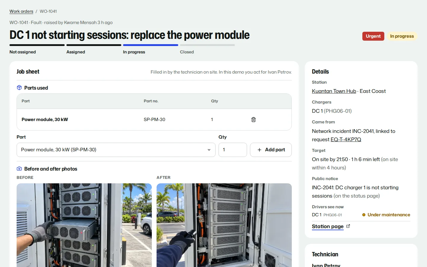 Fault work order for a DC charger: parts used, before and after photos, the on-site target and what drivers see on the station page, Equator concept prototype