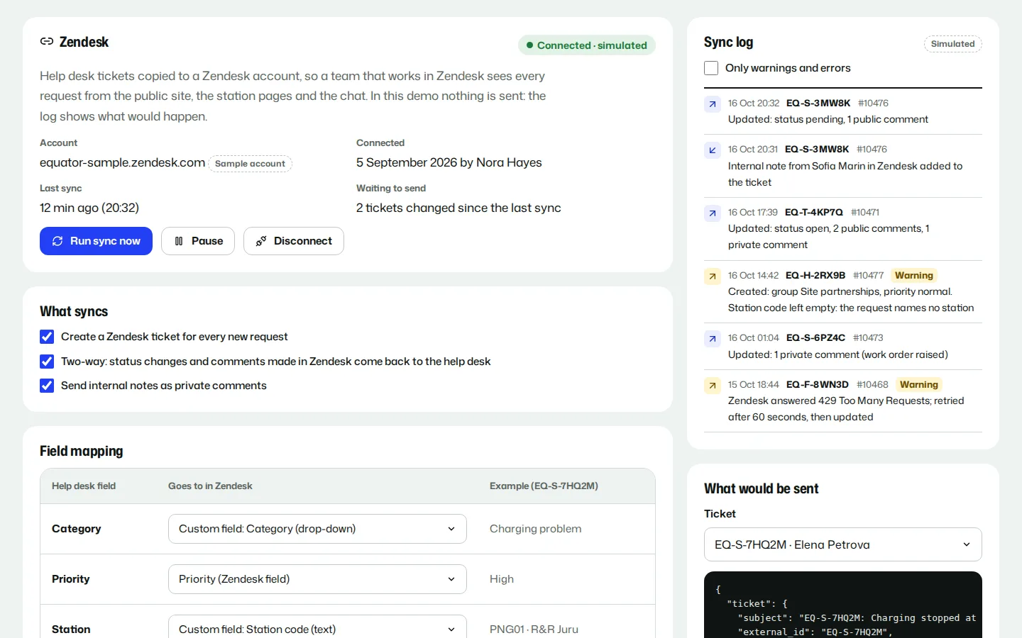 Zendesk connection settings with what syncs, field mapping and a simulated sync log with warnings, Equator concept prototype