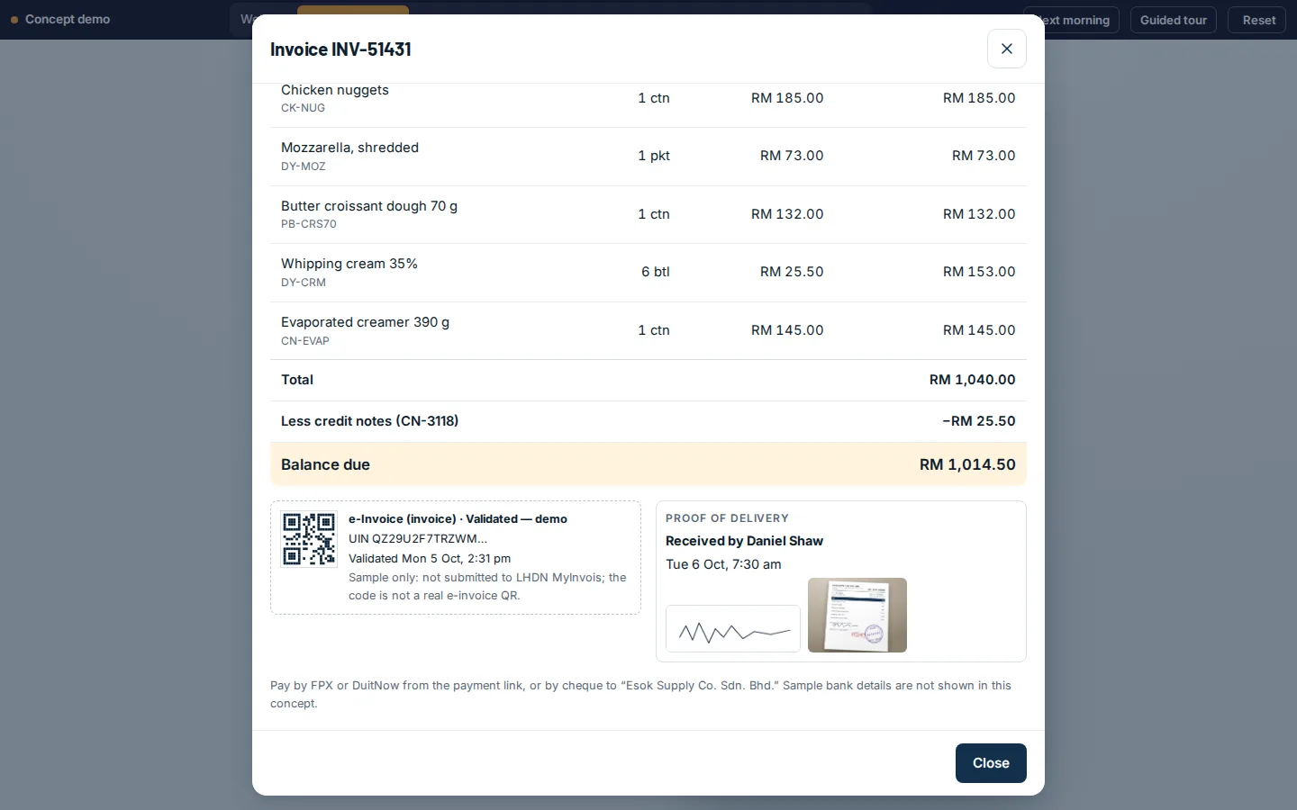 Invoice with proof attached