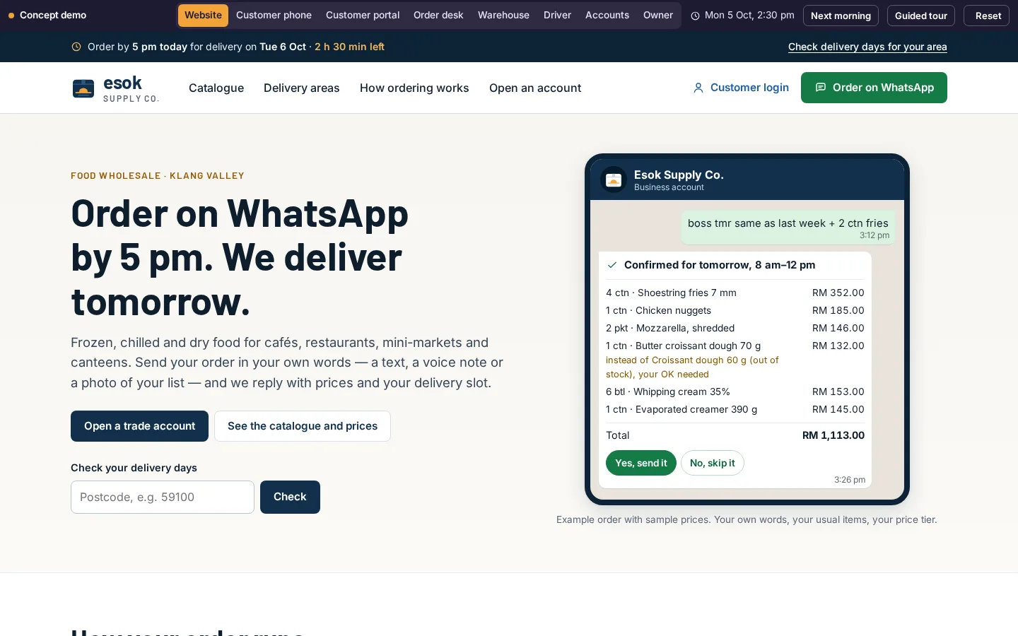Esok Supply Co. — WhatsApp order desk for a food wholesaler