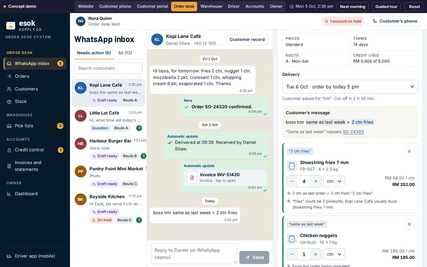 WhatsApp inbox with draft orders