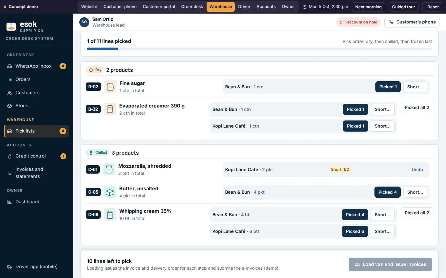 Pick lists by route