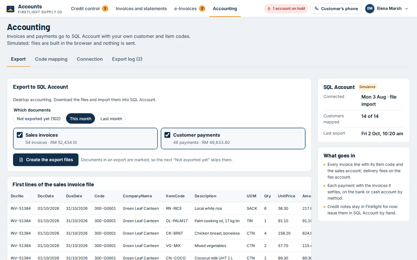 Accounting export to SQL Account with invoices and payments to export and the first lines of the sales invoice file, simulated, Firstlight concept prototype