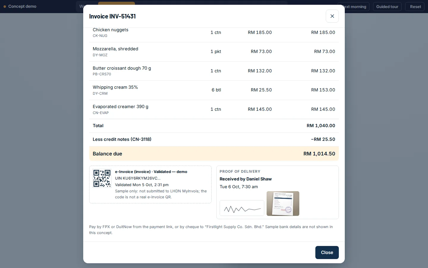 Invoice with proof attached