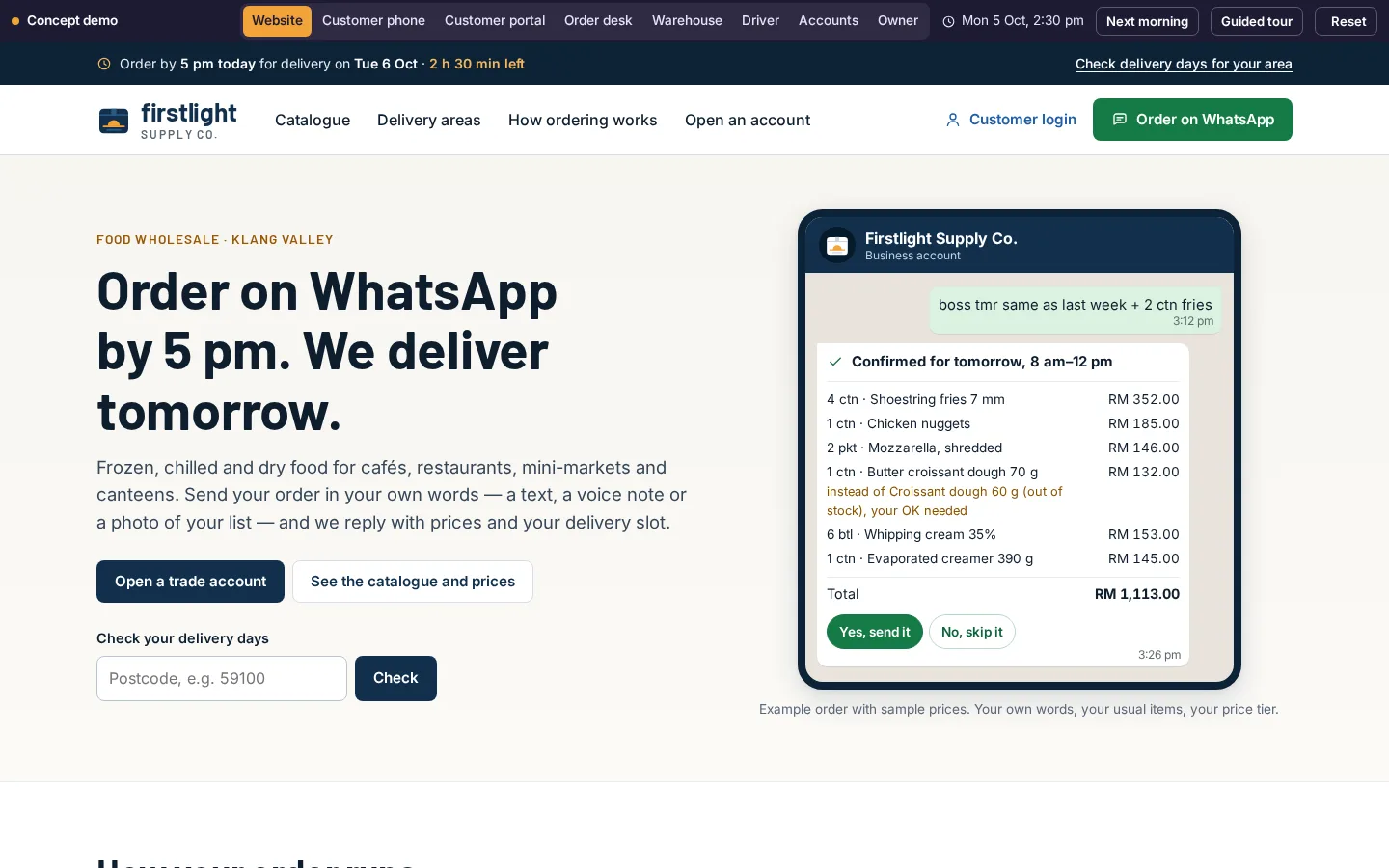 Firstlight Supply Co. — WhatsApp order desk for a food wholesaler