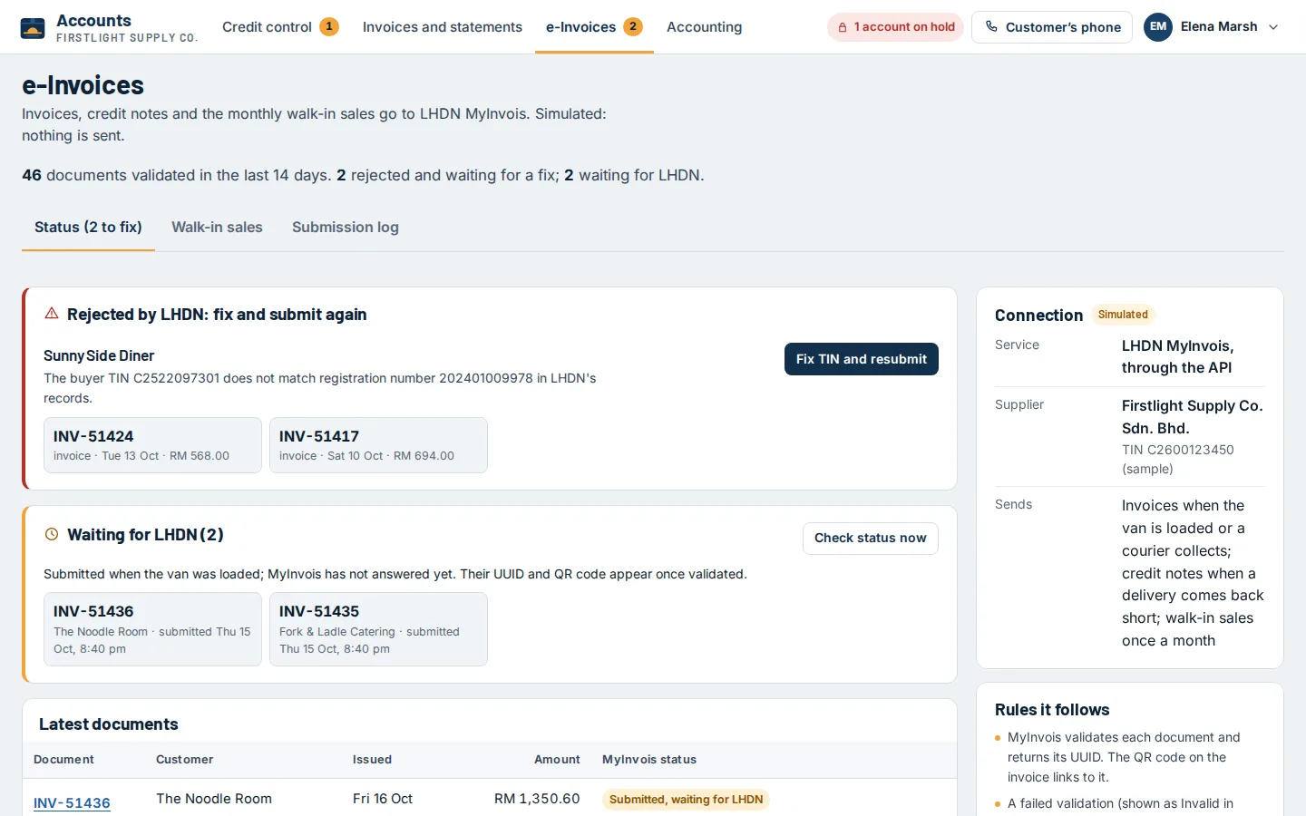 e-Invoice status: documents rejected by MyInvois with the reason, others waiting, and the connection details, simulated, Firstlight concept prototype