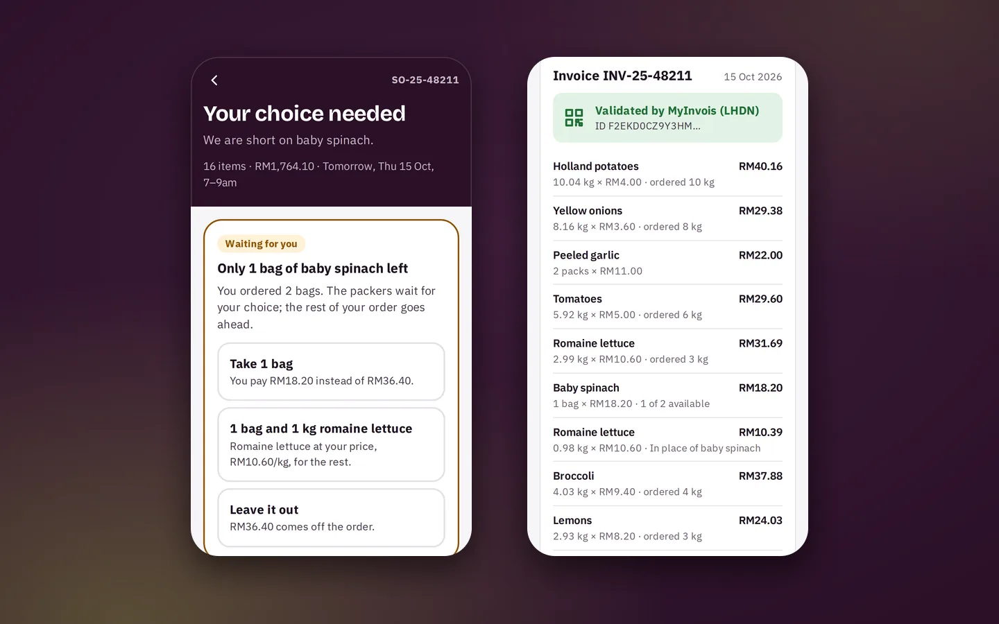 A shortage of baby spinach with three choices for the kitchen, beside the invoice at delivered weights validated by MyInvois, Greengage sample app