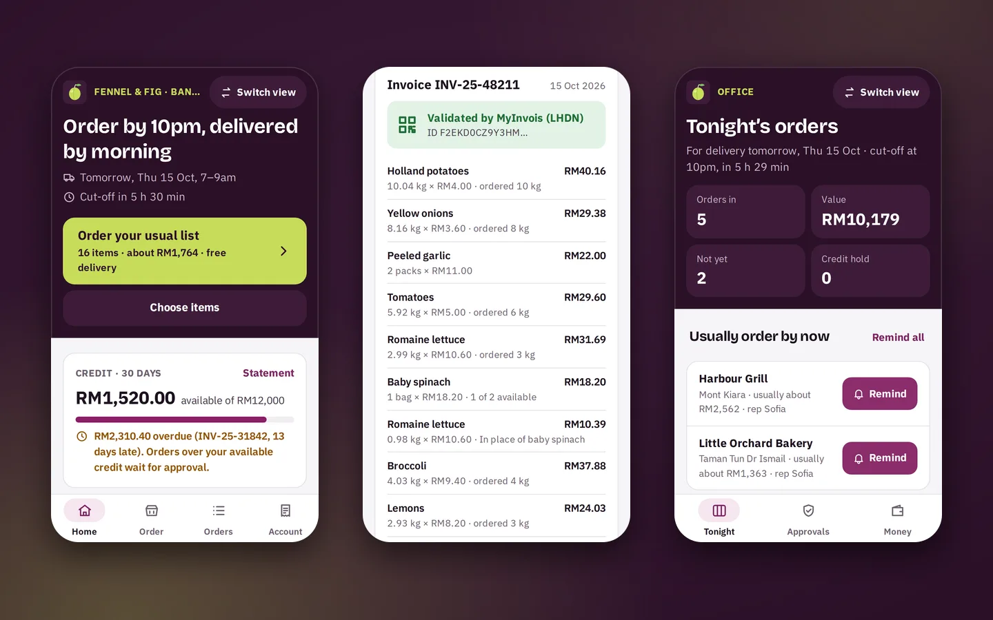 Three phone screens from a food supplier app: a restaurant’s order screen with credit, an invoice validated by MyInvois, and the office’s orders for tonight, Greengage sample app