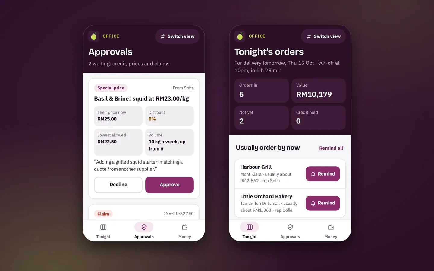 Office approvals queue with a special price request, beside tonight’s orders against the cut-off and reminders to regulars, Greengage sample app
