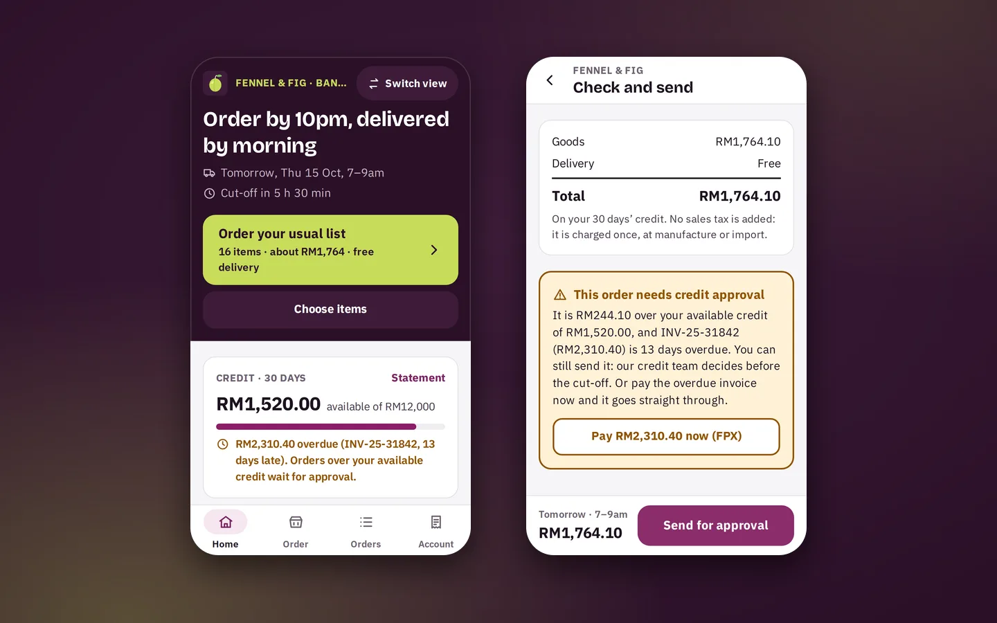 Restaurant ordering screen with the usual list and the credit available, beside a credit approval notice before sending, Greengage sample app