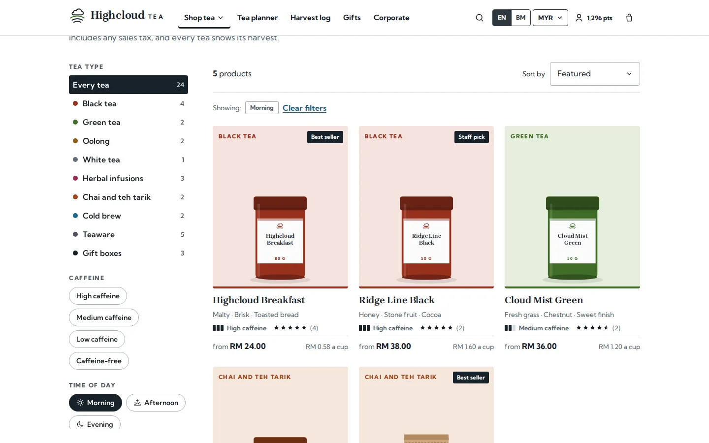 Tea catalogue filtered to morning teas, with filters for tea type, caffeine and time of day and tins showing caffeine, rating and price per cup, Highcloud Tea concept prototype