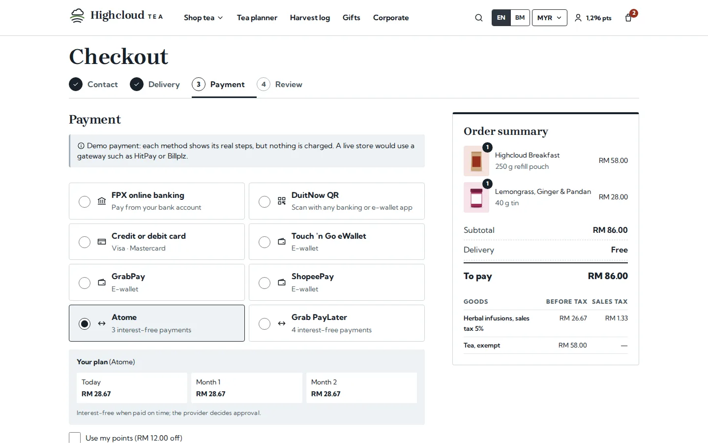 Checkout payment step with FPX, DuitNow QR, cards, e-wallets and instalments, and an order summary splitting sales tax by code, Highcloud Tea concept prototype