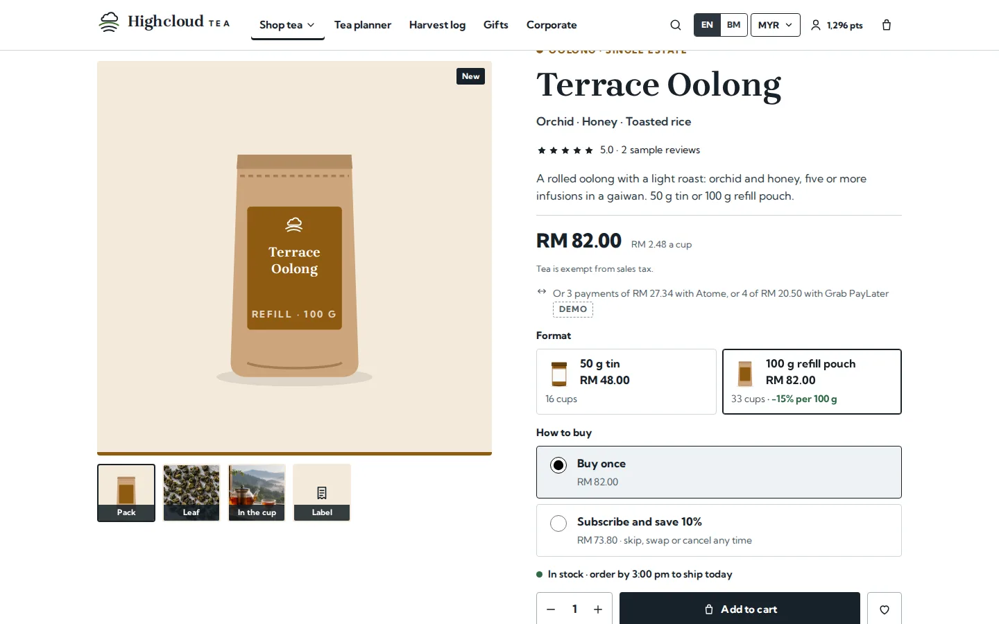 Oolong tea page with a refill pouch, a choice of tin or pouch with cups and price per cup, buy once or subscribe and an instalment line, Highcloud Tea concept prototype