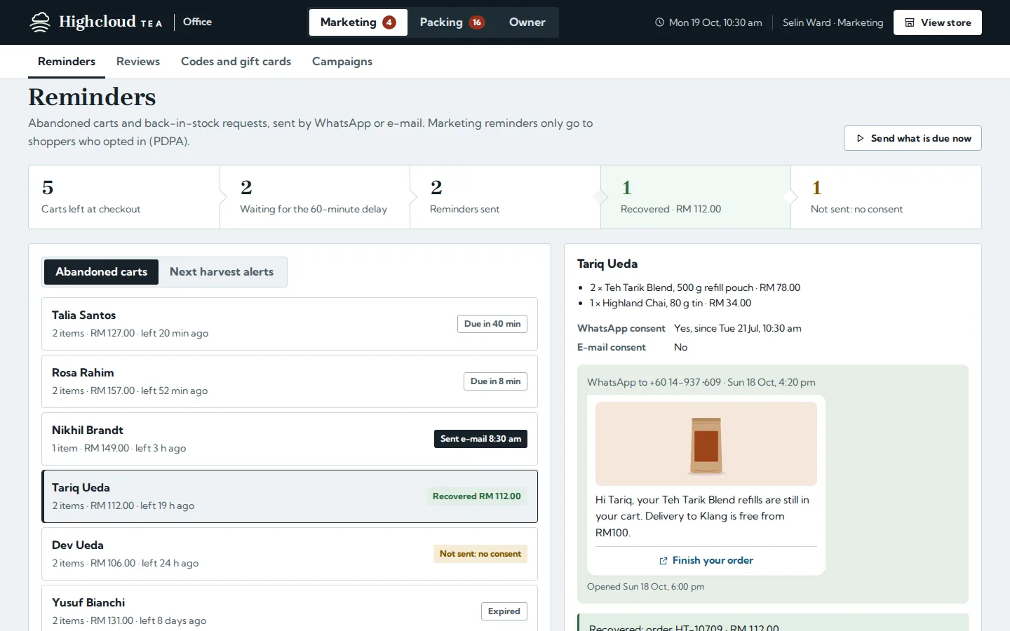 Marketing reminders for abandoned carts with a funnel of carts, reminders sent and orders recovered, and a WhatsApp message preview with consent, Highcloud Tea concept prototype