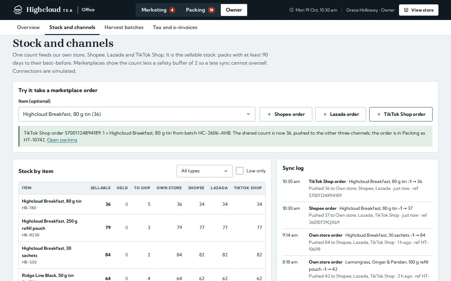 Stock and channels screen with one count for the own store, Shopee, Lazada and TikTok Shop, a marketplace order simulator and a sync log, Highcloud Tea concept prototype