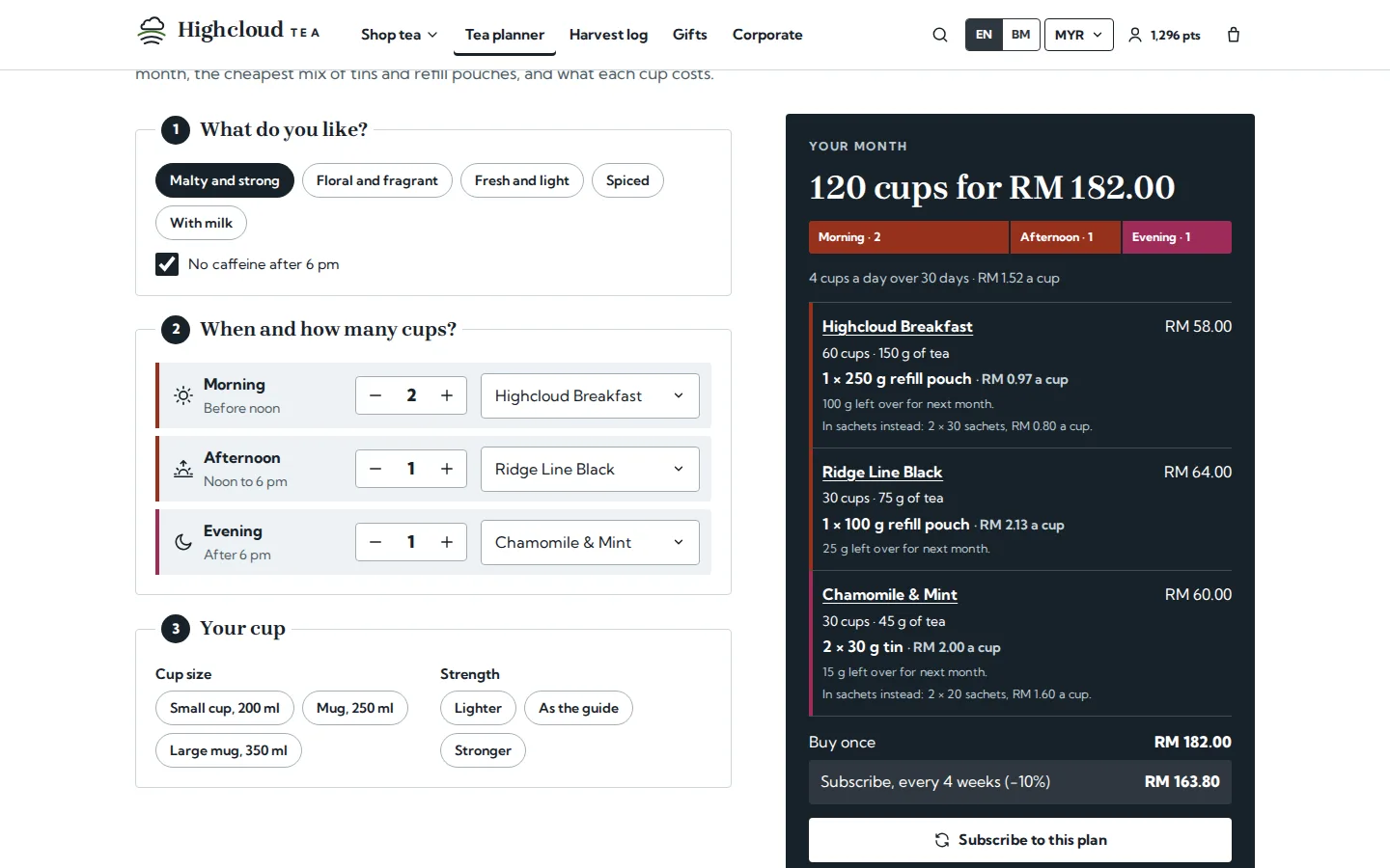Tea planner turning cups by time of day into a monthly plan of tins and refill pouches with the cost per cup and a subscribe button, Highcloud Tea concept prototype