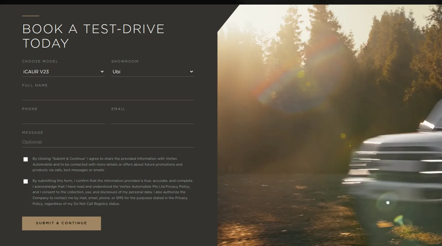 The iCAUR test-drive enquiry form with model, showroom and consent fields