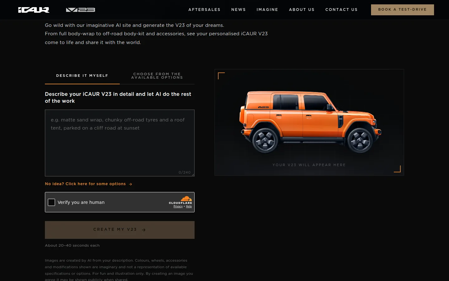 Imagine your iCAUR studio with a V23 preview and controls for describing or selecting a custom look