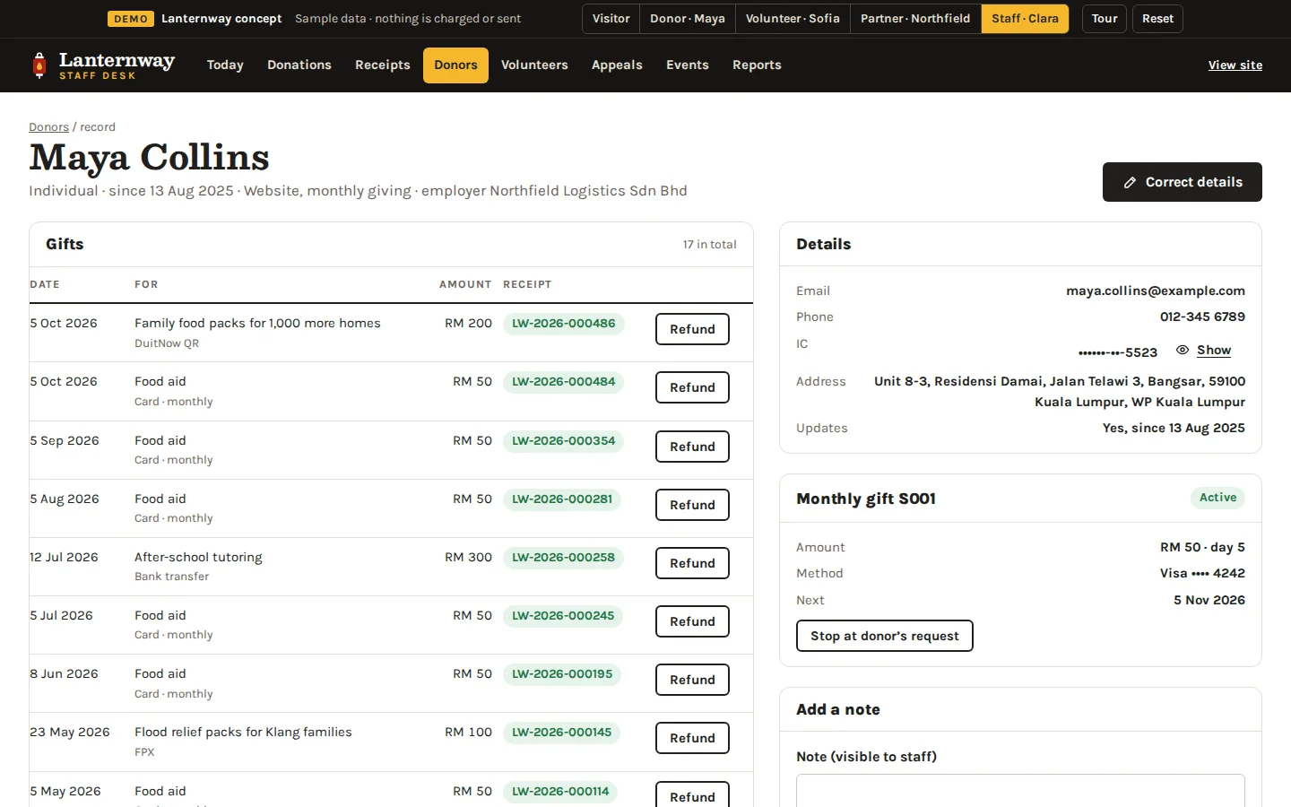 Donor record with gifts and receipt numbers, refund buttons, masked contact details and the monthly gift, Lanternway Foundation concept prototype