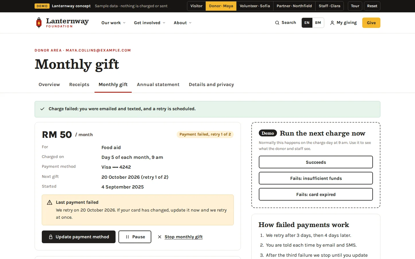 Monthly gift page showing a failed payment with the retry date, buttons to update the payment method, pause or stop, and how retries work, Lanternway Foundation concept prototype