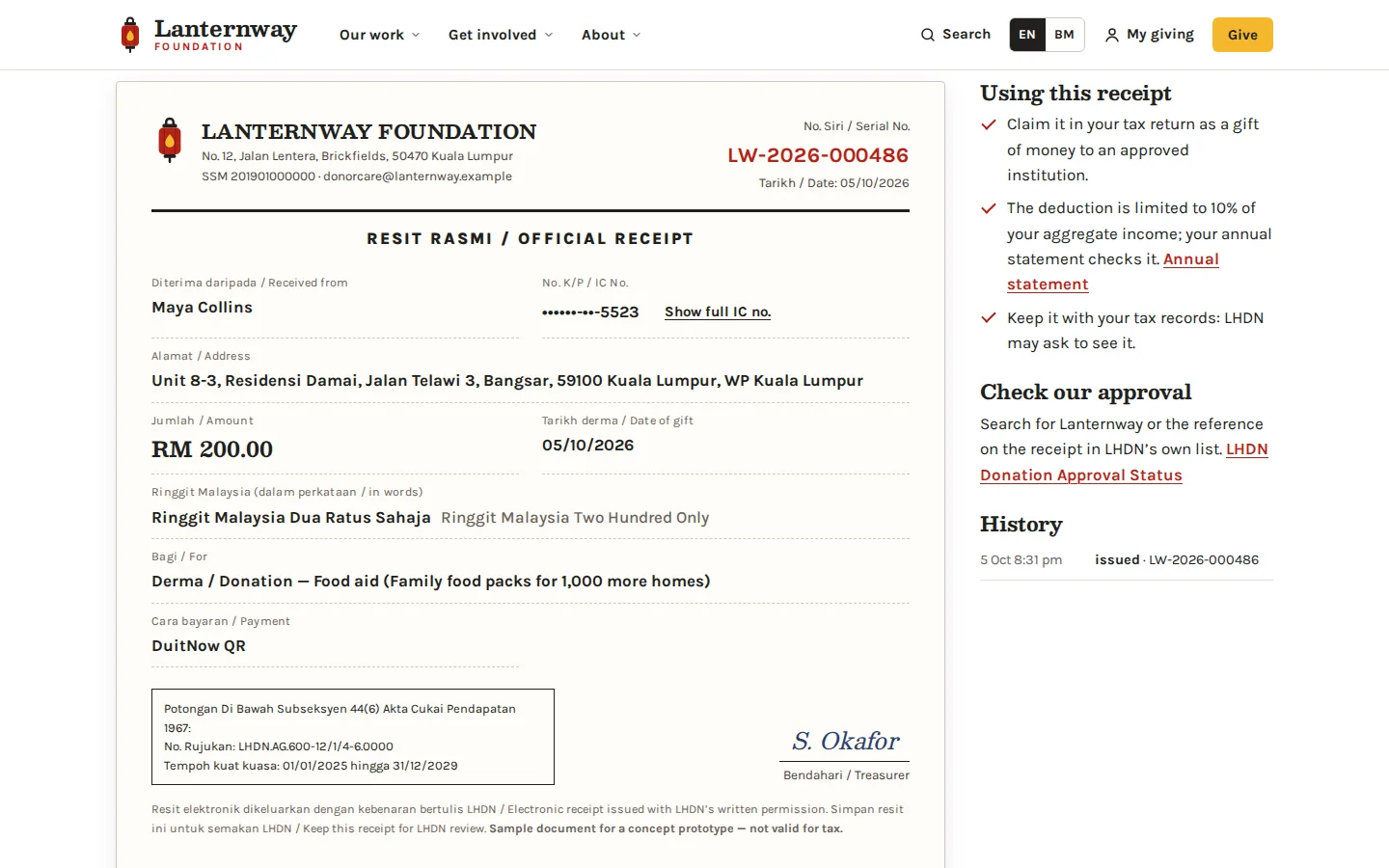 Bilingual official donation receipt with a serial number, the donor’s masked IC, the amount in words and the subsection 44(6) approval box, Lanternway Foundation concept prototype