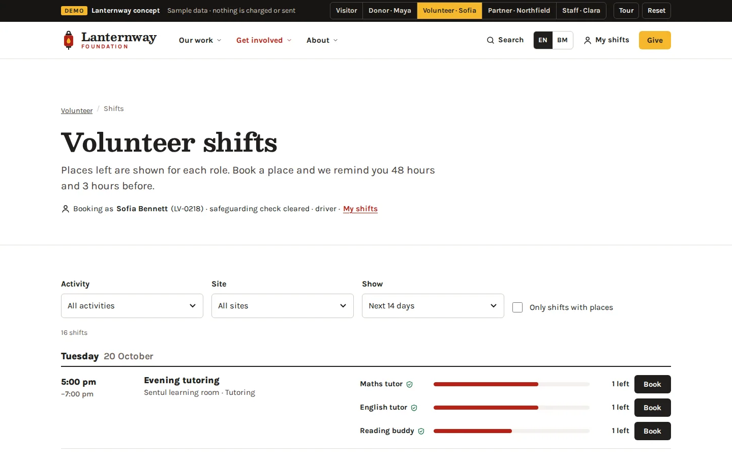 Volunteer shift board with filters by activity and site and tutoring roles showing places left and Book buttons, Lanternway Foundation concept prototype
