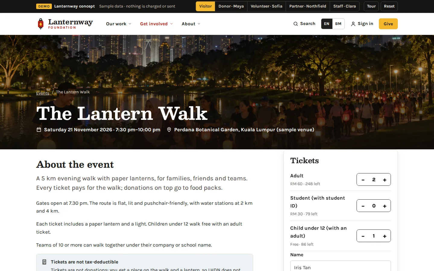 Lantern Walk event page with adult, student and child tickets showing places left, and a note that tickets are not tax-deductible, Lanternway Foundation concept prototype